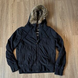 American Eagle Outfitters Black Bomber Jacket with Faux Fur Hood